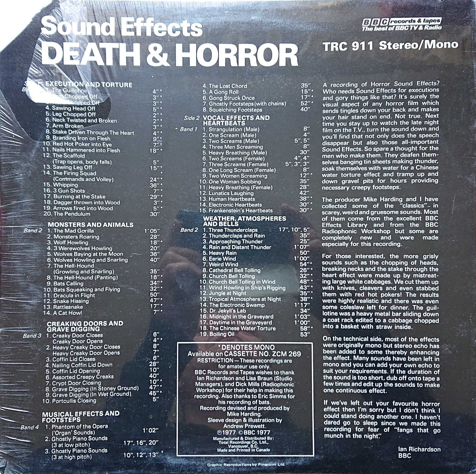 Picture of TRC - 911 Death and horror sound effects by artist Mike Harding from the BBC records and Tapes library